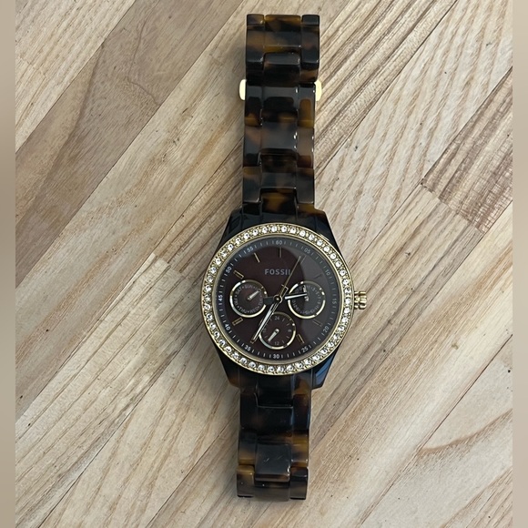 Fossil Ladies Watch Crystal Accents Bronze Copper Dial Tortoise Shell Bracelet - Picture 5 of 11